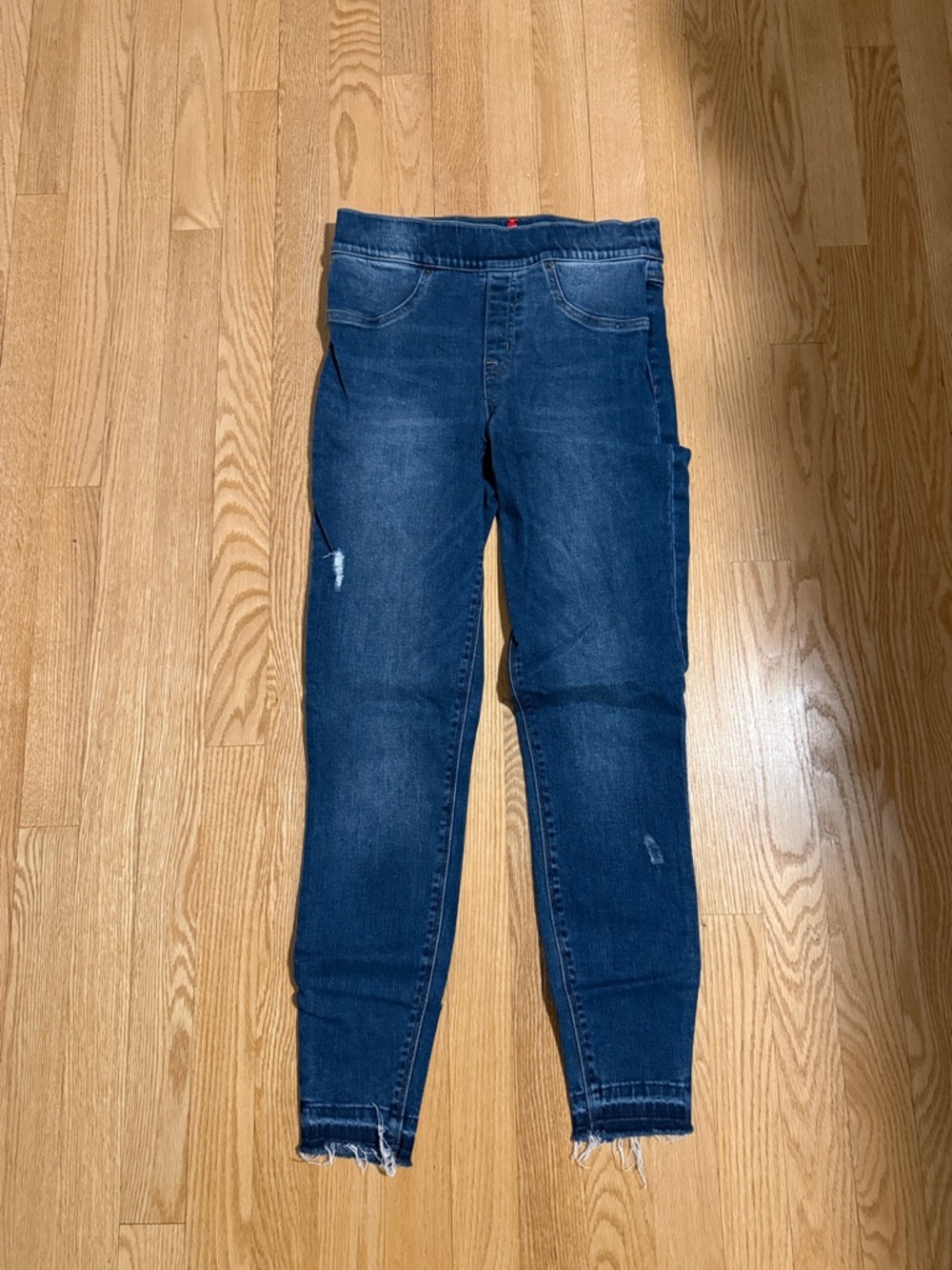 SPANX Dark Blue Stretch Mid-Rise Jeggings with Subtle Distressing